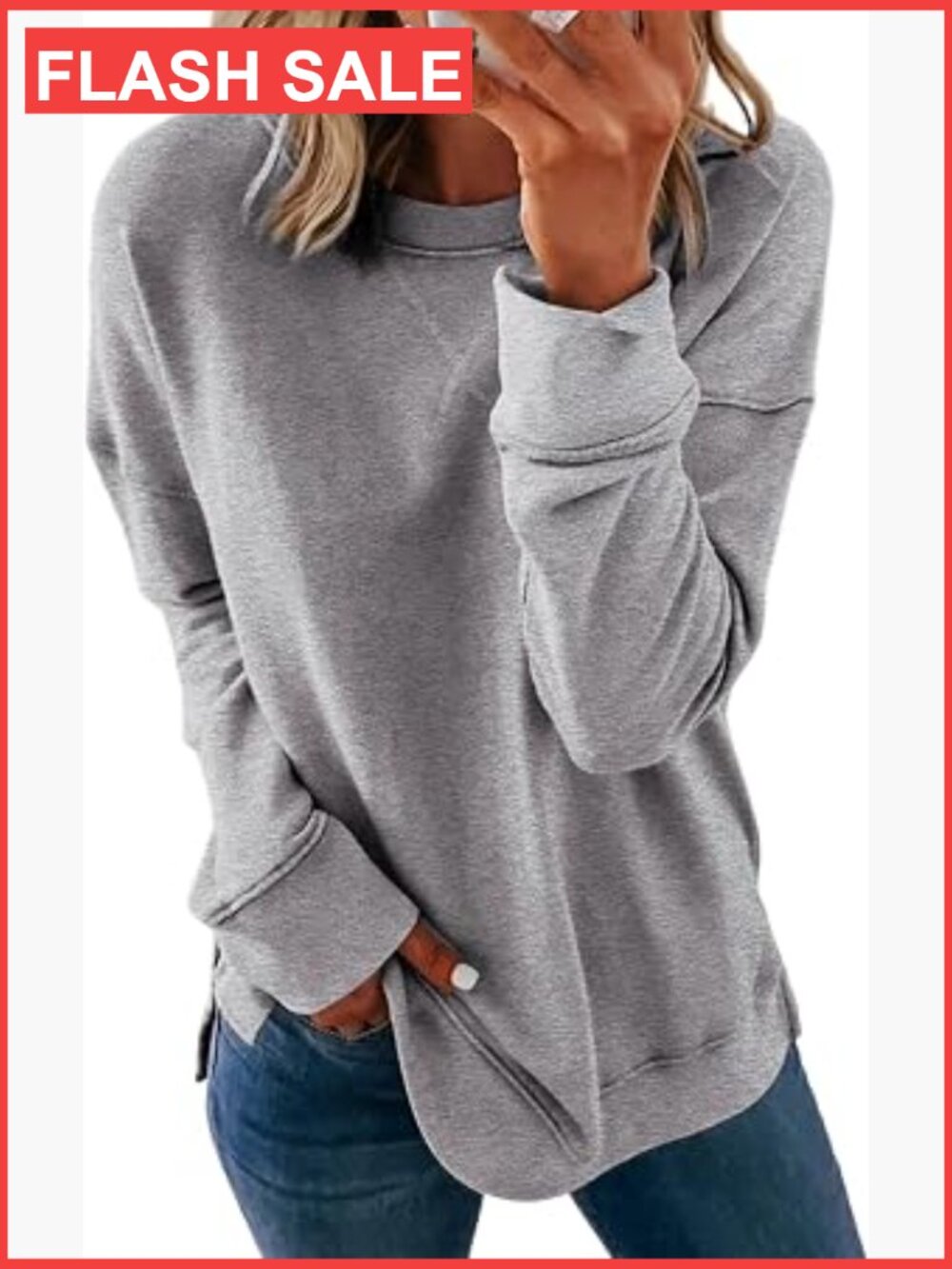 Cozy Crewneck Sweatshirt Loose Long Sleeve Pullover Side Split Casual